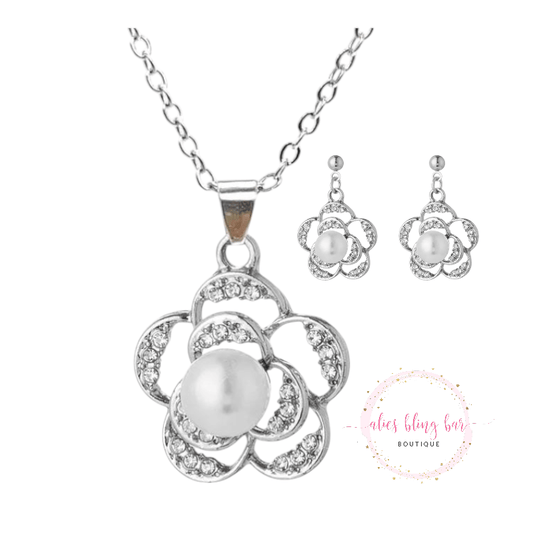 Blossom Queen - Silver Necklace & Earring Set-Shop Alies Boutique