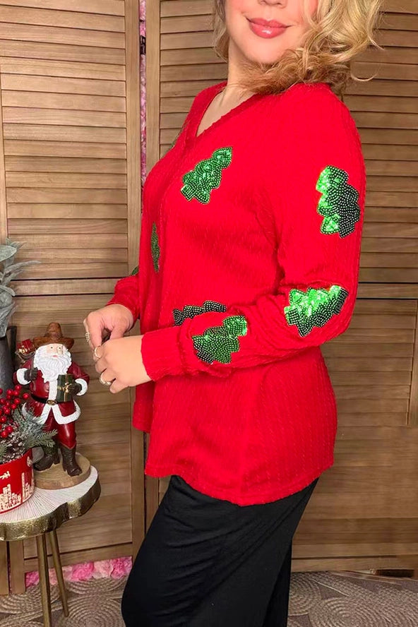 Sequin Christmas Tree Cable Knit Pullover- Red