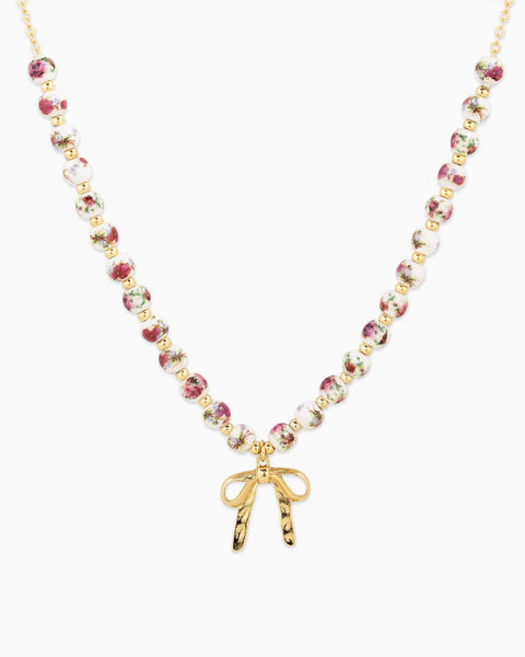 Ceramic Grace- Pink Bead Bow Pendant Necklace