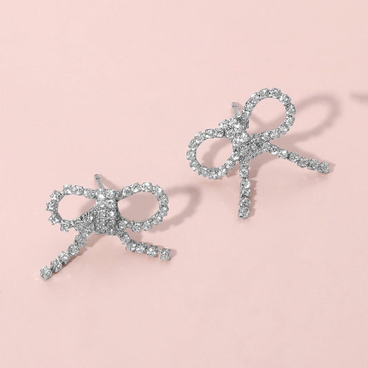 Chic Tied Up - Silver CZ Stone Bow Stud Earrings-Shop Alies Boutique