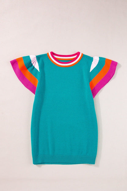Color Block Blue Multi Round Neck Knit Top - Shop Alies Bouutique