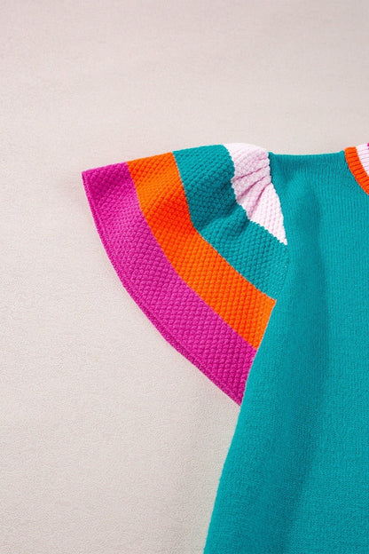 Color Block Blue Multi Round Neck Knit Top - Shop Alies Bouutique
