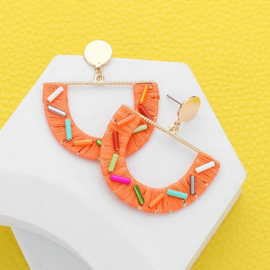 Confetti Vibe - Orange Bead Embellished Raffia Dangle Earrings-Shop Alies Boutique