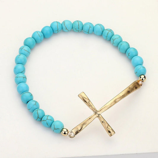 Crossed Intentions – Turquoise Hammered Metal Cross Beaded Stretch Bracelet - Shop Alies Boutique