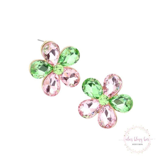 Crystal Bloom - Pink & Green Stud Earrings - Sale-Shop Alies Boutique