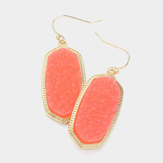 Crystal Countdown - Neon Coral Hexagon Druzy Dangle Earrings-Shop Alies Boutique