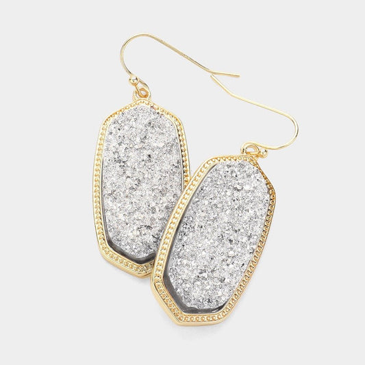 Crystal Countdown - Silver Hexagon Druzy Dangle Earrings-Shop Alies Boutique