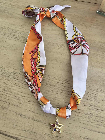 Exclusive Orange & White Scarf Necklace – 18k Gold Multi-Star Charm
