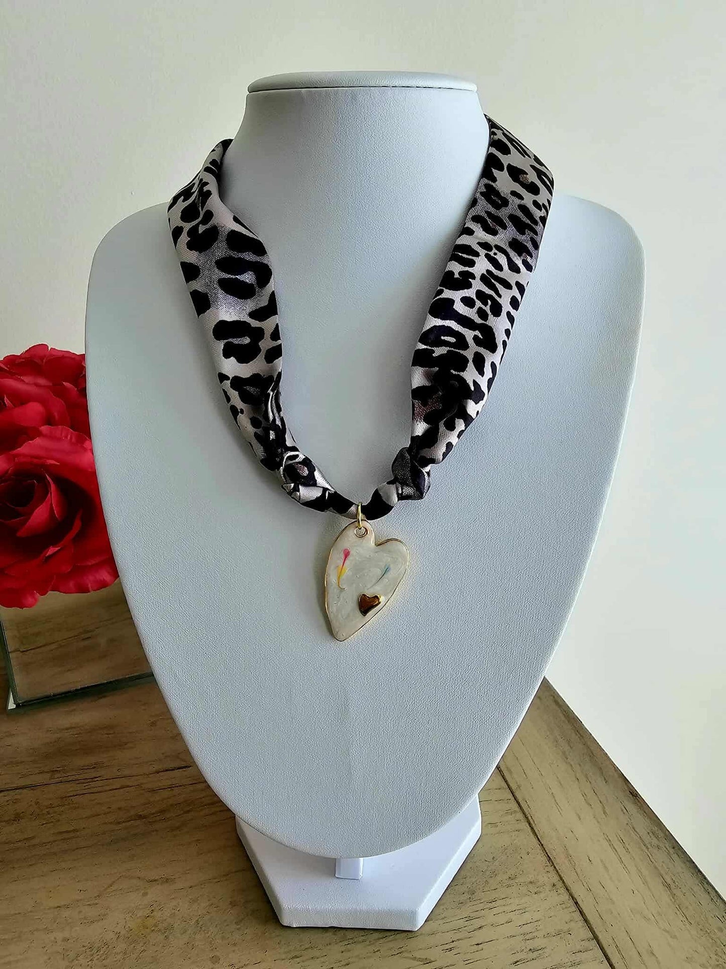 Exclusive Leopard Scarf Necklace – 18k Gold White Enamel Heart Charm