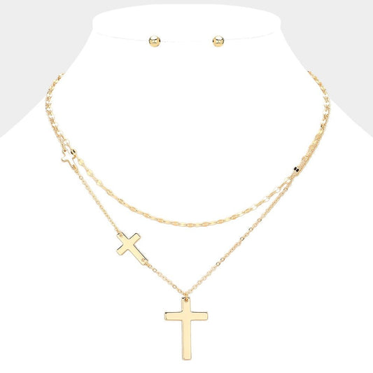 Devotion Layers - Gold Metal Cross Pendant Pointed Double Layered Necklace-Shop Alies Boutique