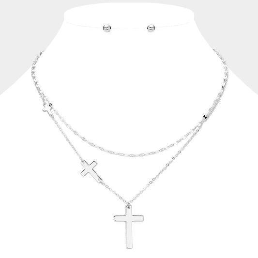 Devotion Layers - Silver Metal Cross Pendant Pointed Double Layered Necklace-Shop Alies Boutique