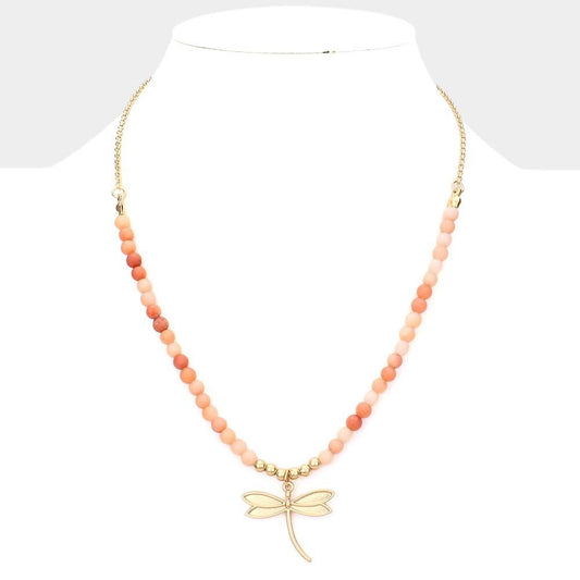 Drift & Dream - Peach Metal Dragonfly Pendant Semi Precious Necklace-Shop Alies Boutique