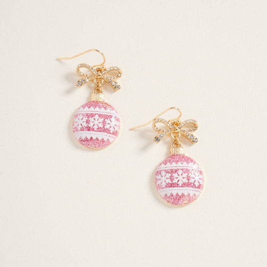 Pink Twinkle Ornament Earrings – Rhinestone Ribbon Christmas Hook Drops - Alie's Boutique