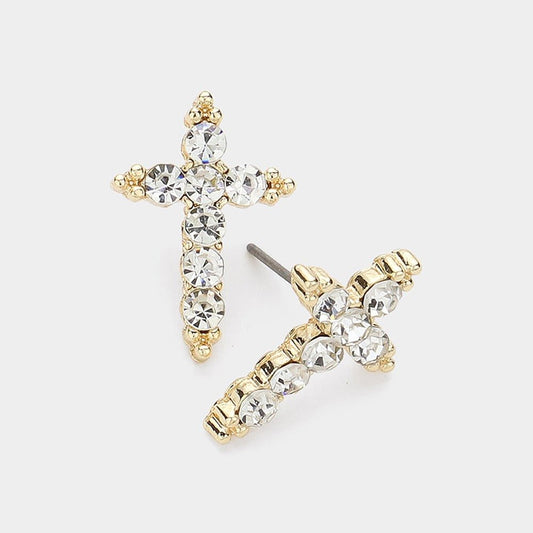 Electric Grace – Gold Stone Paved Cross Stud Earrings-Shop Alies Boutique