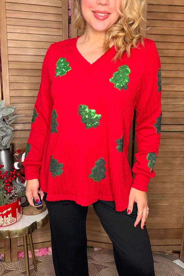 Sequin Christmas Tree Cable Knit Pullover- Red