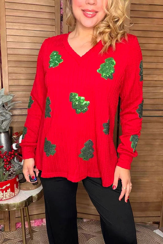 Sequin Christmas Tree Cable Knit Pullover- Red