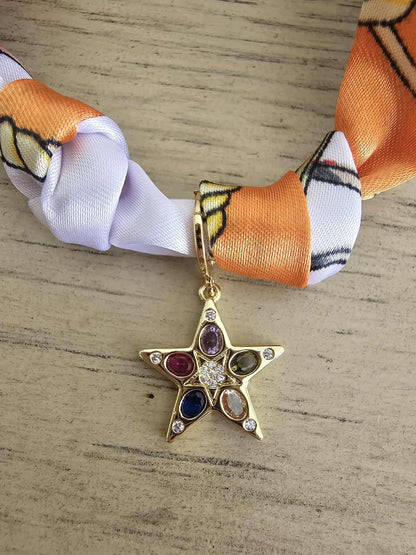 Exclusive Orange & White Scarf Necklace – 18k Gold Multi-Star Charm