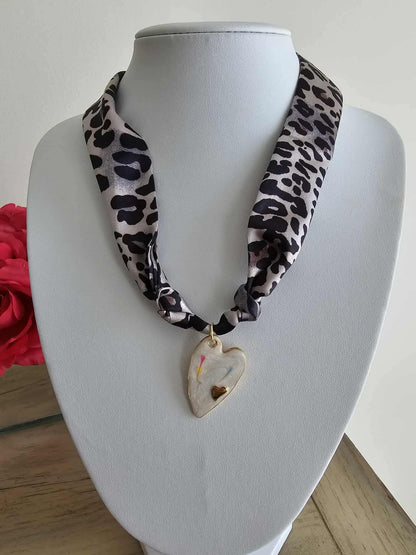 Exclusive Leopard Scarf Necklace – 18k Gold White Enamel Heart Charm