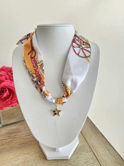 Exclusive Orange & White Scarf Necklace – 18k Gold Multi-Star Charm