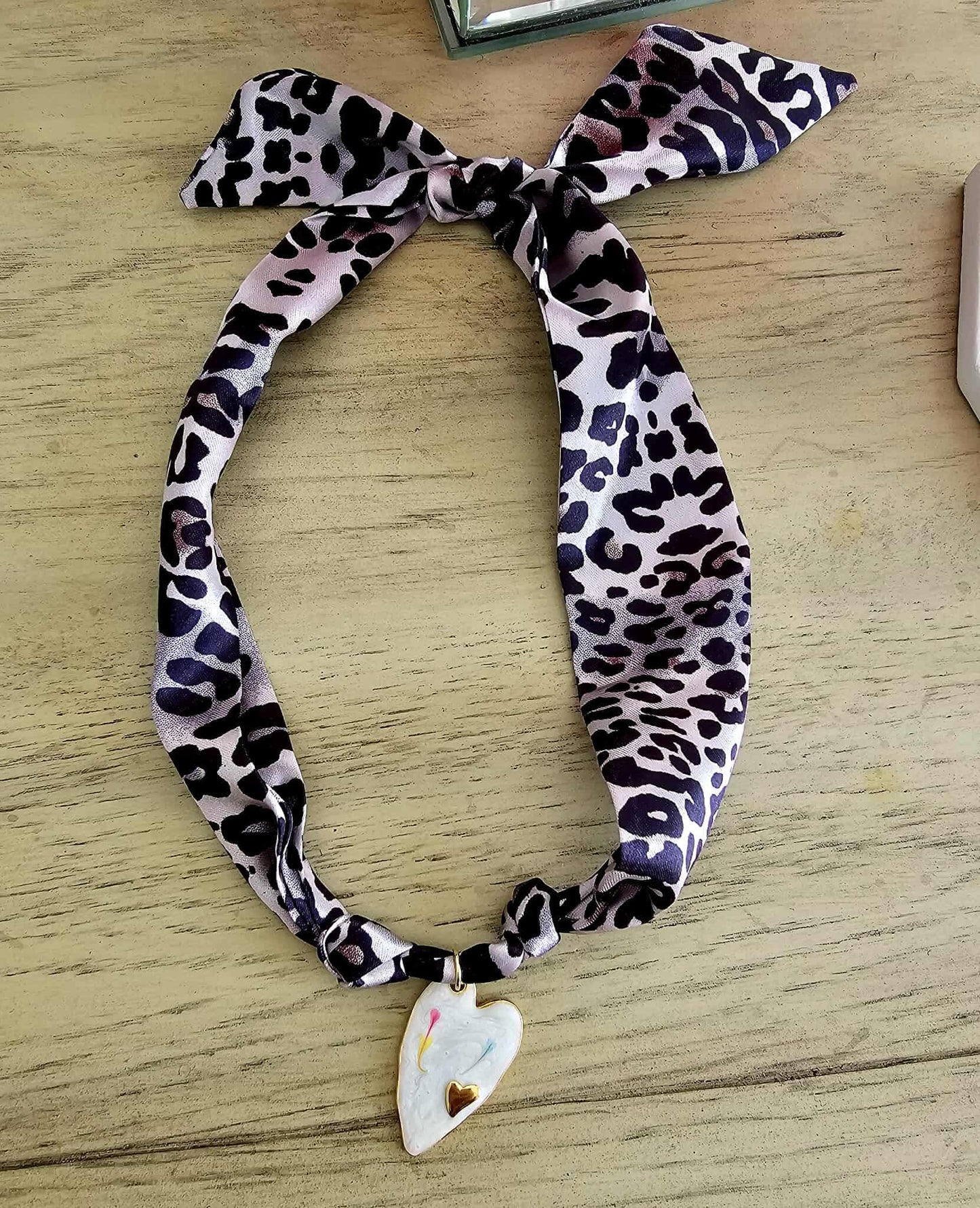 Exclusive Leopard Scarf Necklace – 18k Gold White Enamel Heart Charm