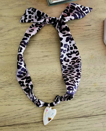 Exclusive Leopard Scarf Necklace – 18k Gold White Enamel Heart Charm