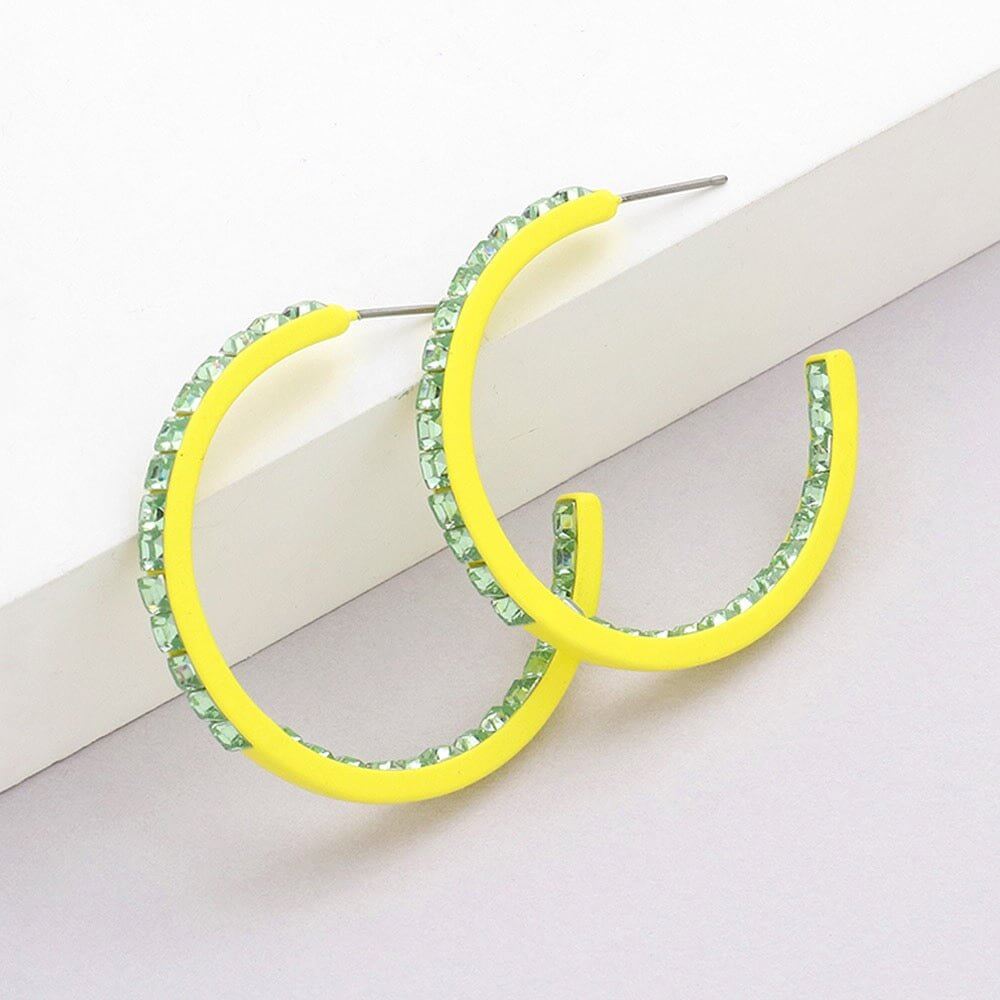 Flash Loop – Yellow & Peridot Square Rhinestone Stone Accented Hoop Earrings-Shop Alies Boutique