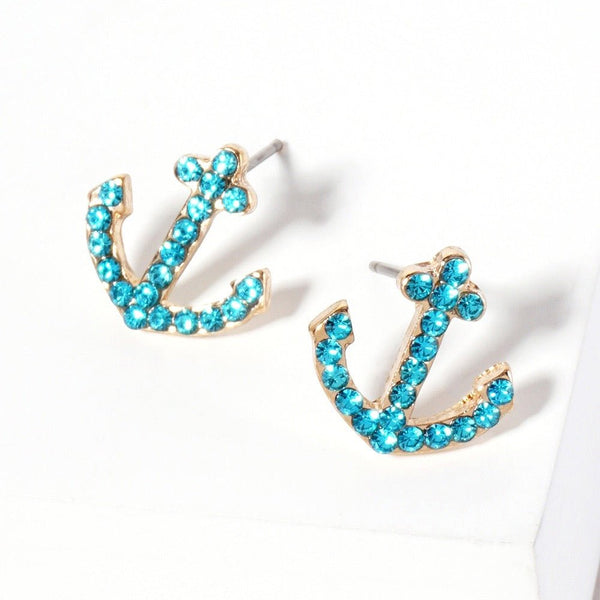 Glam Ahoy - Crystal Rhinestone Paved Anchor Stud Earrings - 5 Colors