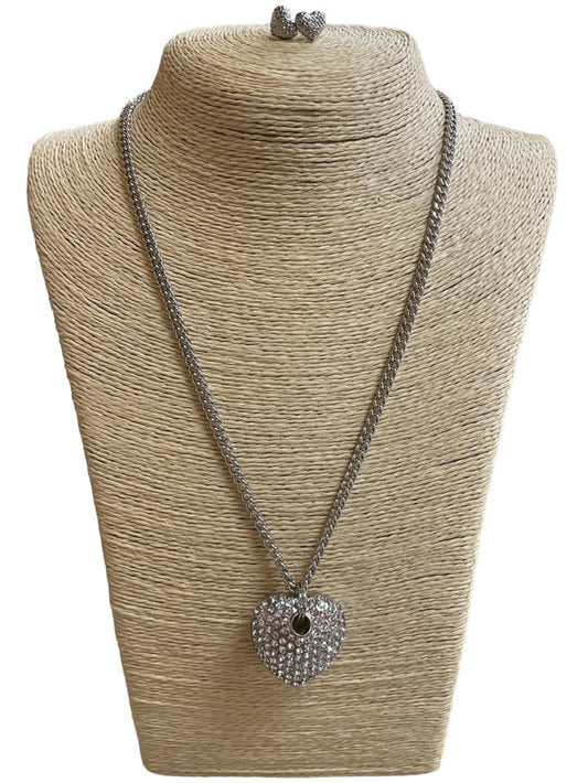 Locked In Luxe - Silver Rhinestone Heart Necklace & Earrings Set - Shop Alies Bouutique