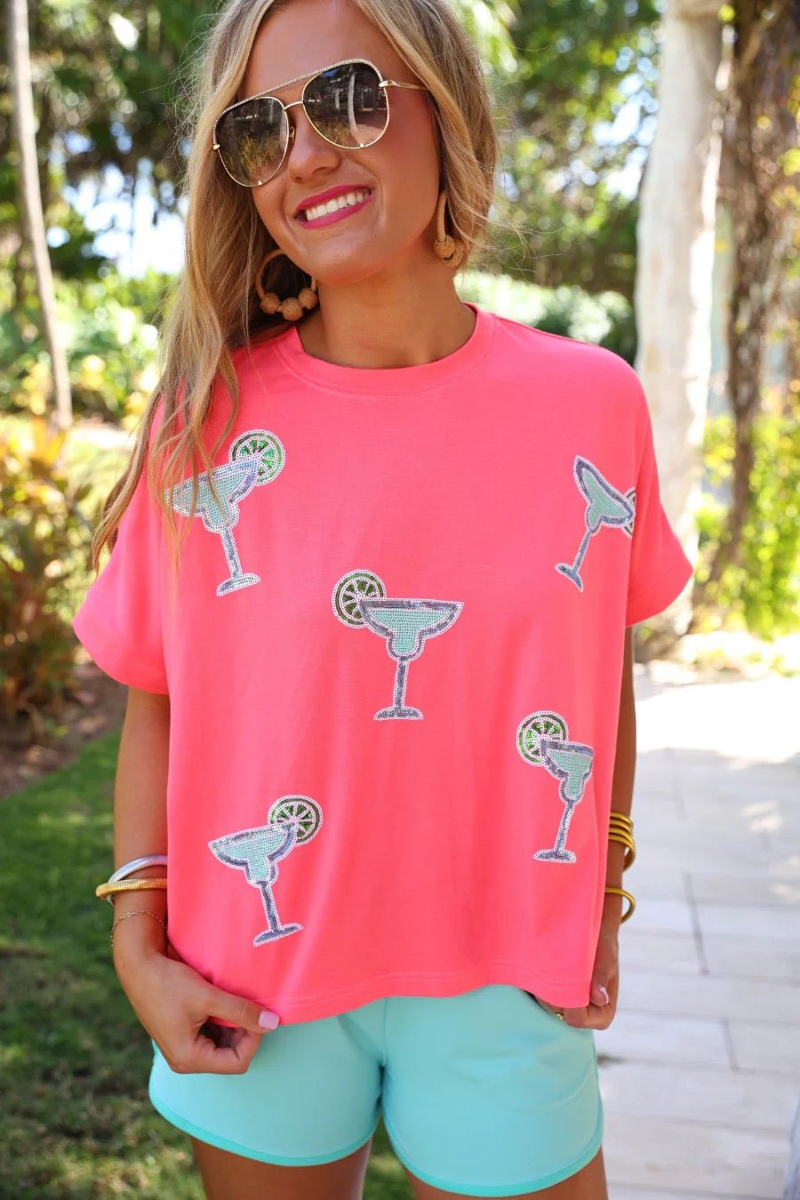 Margaritaville Sequin Patch Top - Coral - Shop Alies Bouutique