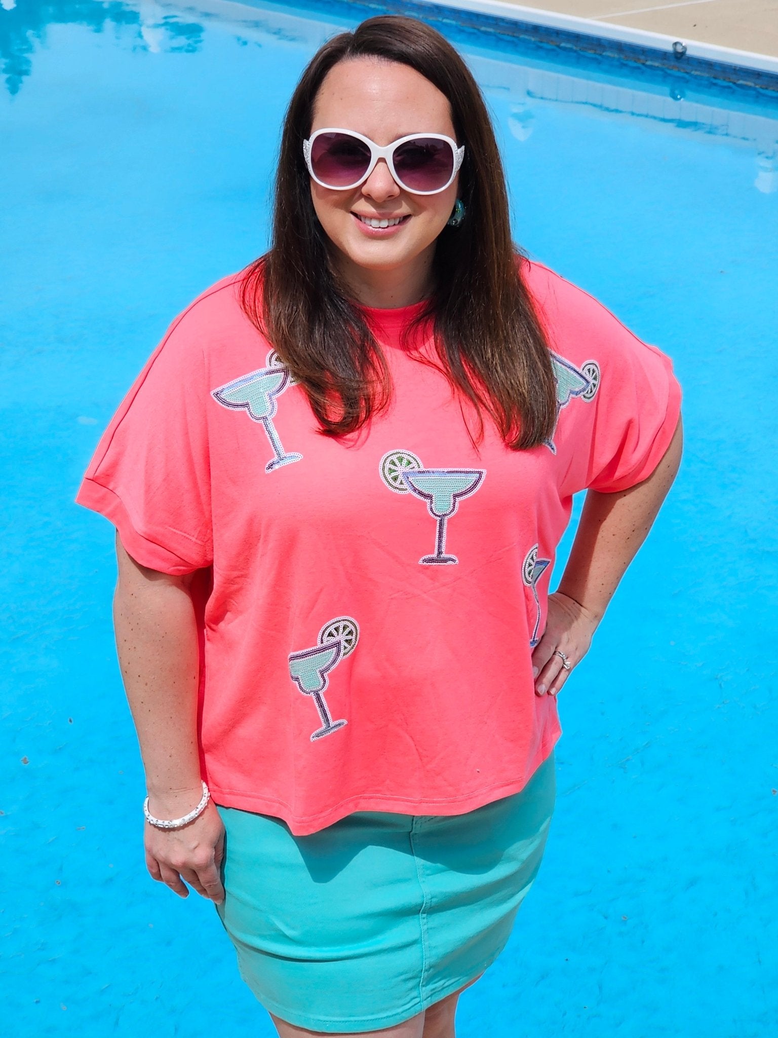 Margaritaville Sequin Patch Top - Coral - Shop Alies Bouutique