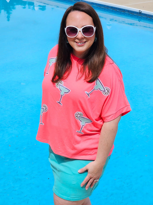 Margaritaville Sequin Patch Top - Coral - Shop Alies Bouutique