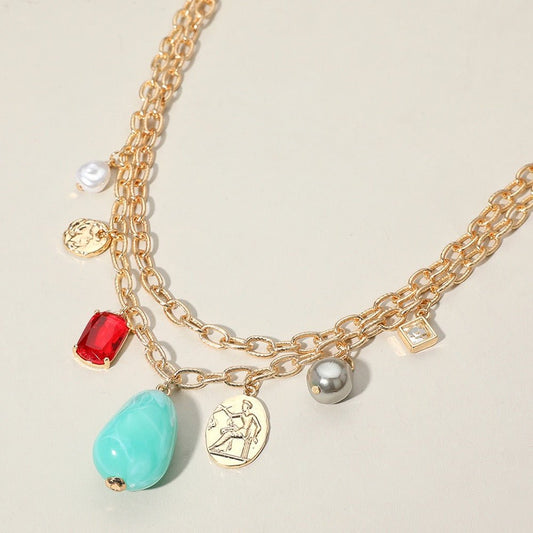 Mint Natural Stone Pearl Metal Coin Stone Cluster Charm Station Double Layered Necklace-Shop Alies Boutique