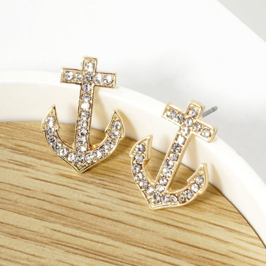 Nautical Nights - Gold Crystal Stone Paved Anchor Stud Earrings - Shop Alies Bouutique