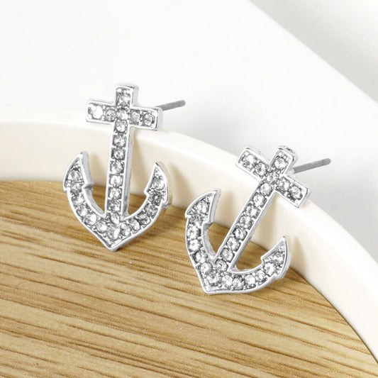 Nautical Nights - Silver Crystal Stone Paved Anchor Stud Earrings - Shop Alies Bouutique