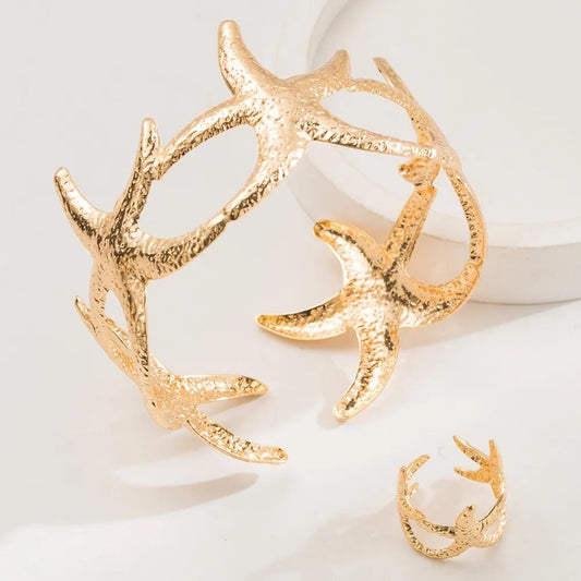 Ocean's Elegance - 14k Gold Plated Gold Bracelet & Ring Set-Shop Alies Boutique