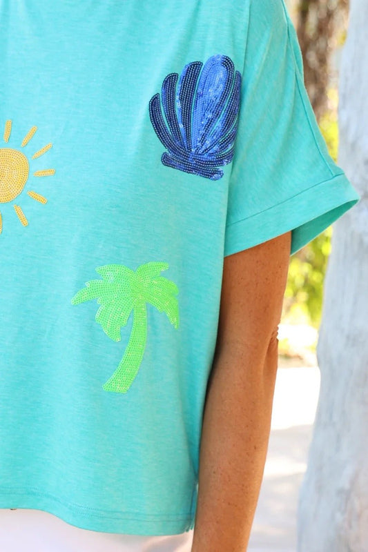 On Vacay Sequin Patch Top - Turquoise - Shop Alies Bouutique