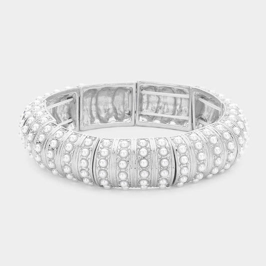 Opulence Mode – White Pearl Paved Stretch Bangle Bracelet-Shop Alies Boutique