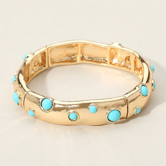 Orbit Edge – Gold Turquoise Stone Embellished Hammered Metal Stretch Bracelet-Shop Alies Boutique