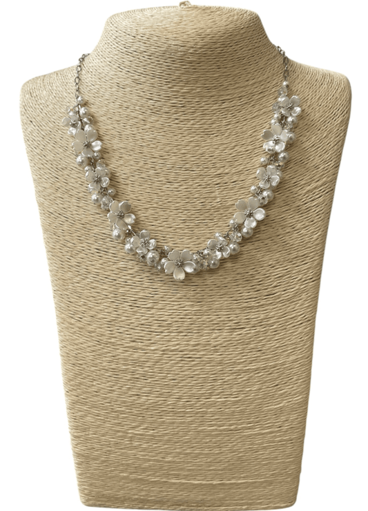 Petal Cascade - Silver Floral Pearl Cluster Short Necklace - Shop Alies Bouutique