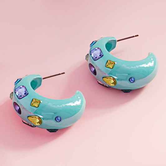 Pop Parade - Mint Multi Stone Paved Chunky Hoop Earrings - Alies Bling Boutique - Shop Alies Boutique