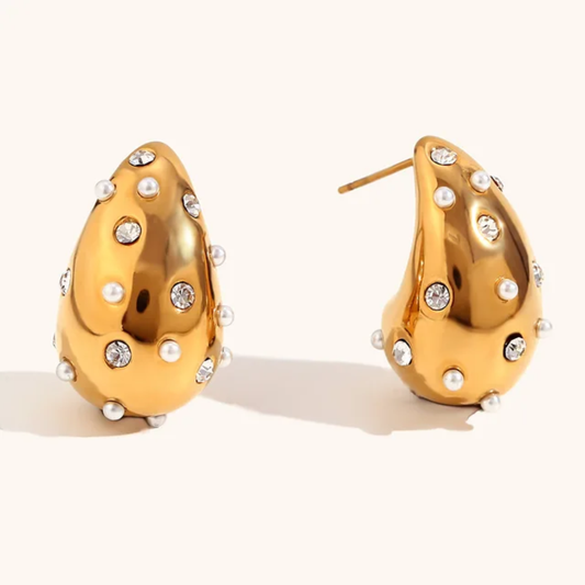 Bubble Luxe Earrings – Gold Pearl Accent Studded Teardrop Earring