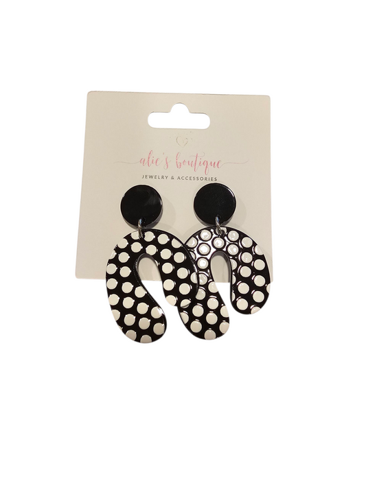 Drama Mood - Black & White Earrings featuring bold polka dots and abstract shapes, presented on a card labeled "alices boutique jewelry & accessories.
