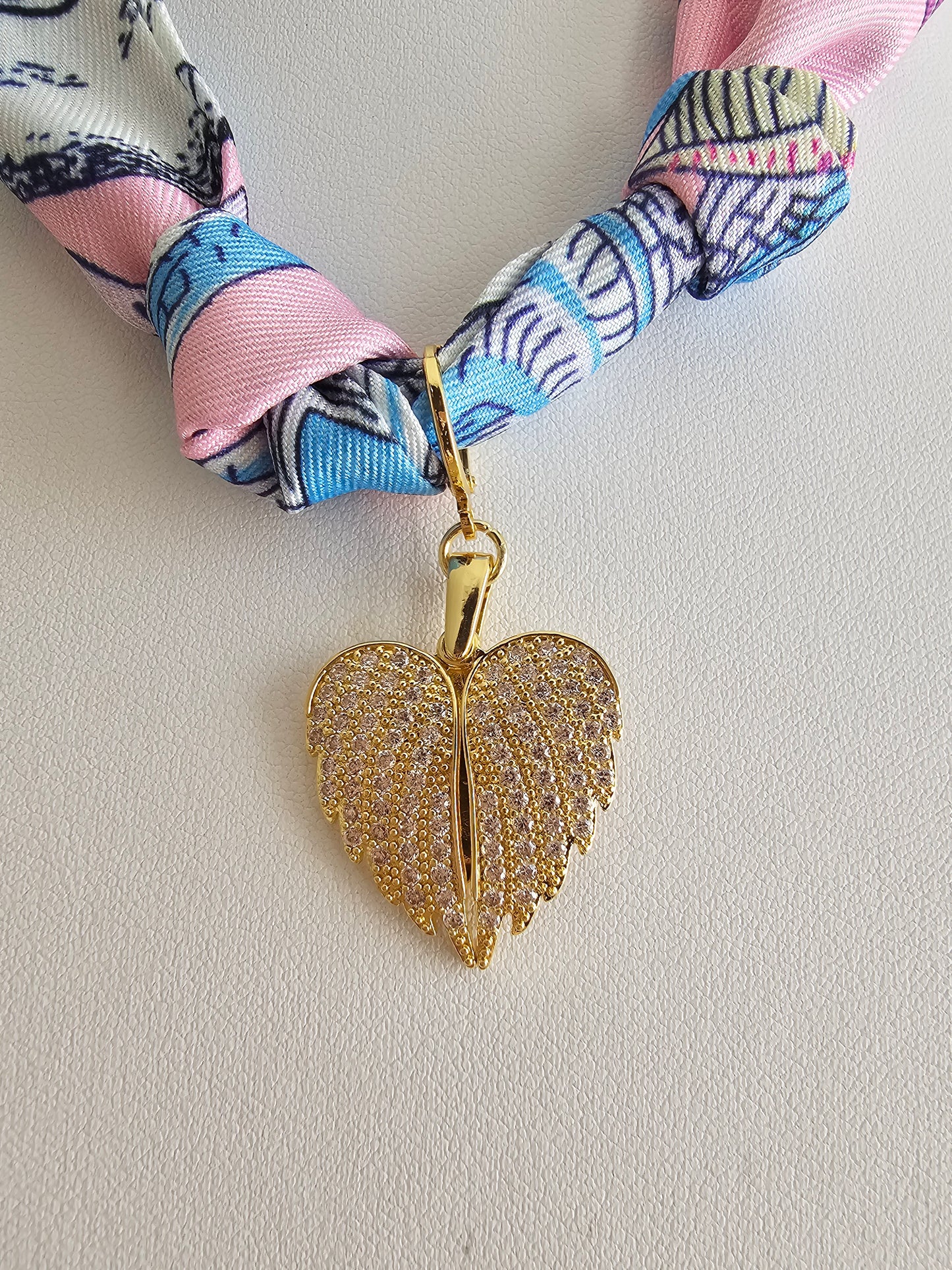 Exclusive Pink & Purple Scarf Necklace – 18k Gold Plated Angel Wings Charm
