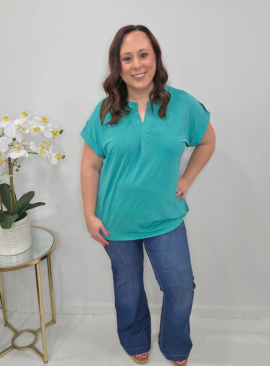 Lizzy Emerald Button Tab Dolman Sleeve Top - Alie's Boutique