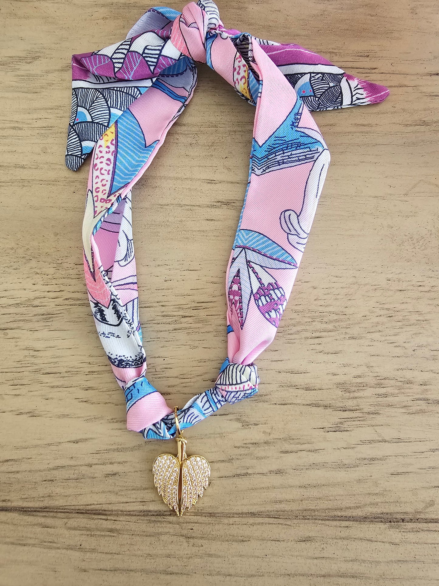 Exclusive Pink & Purple Scarf Necklace – 18k Gold Plated Angel Wings Charm