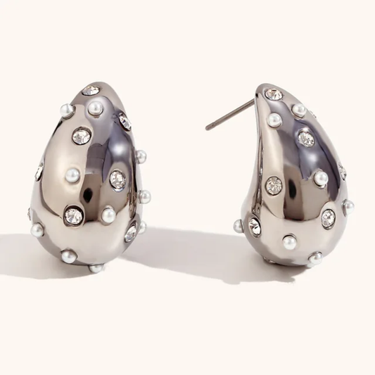 Bubble Luxe Earrings – Silver & White Pearl Stainless Steel Teardrop Earring