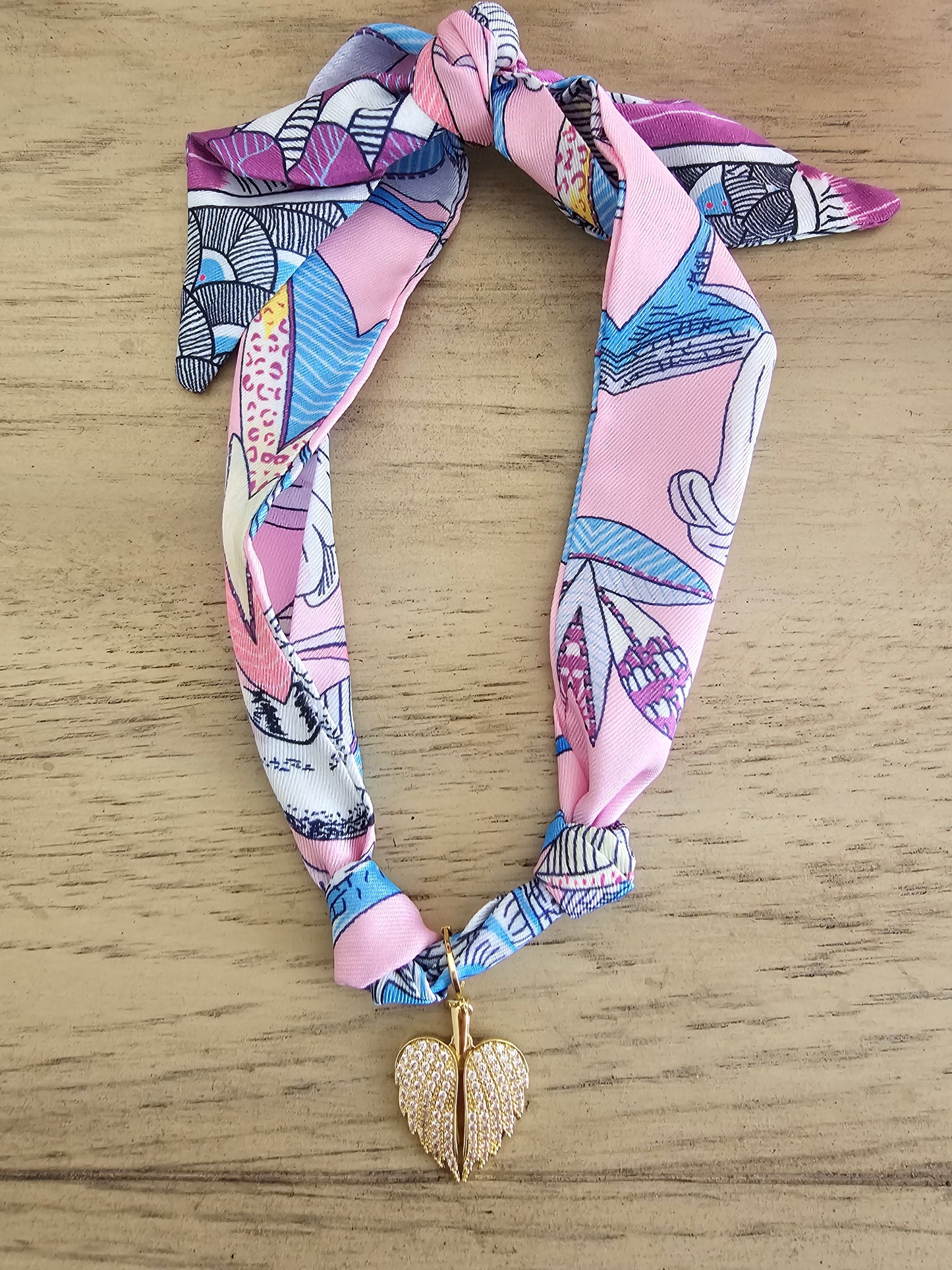 Exclusive Pink & Purple Scarf Necklace – 18k Gold Plated Angel Wings Charm