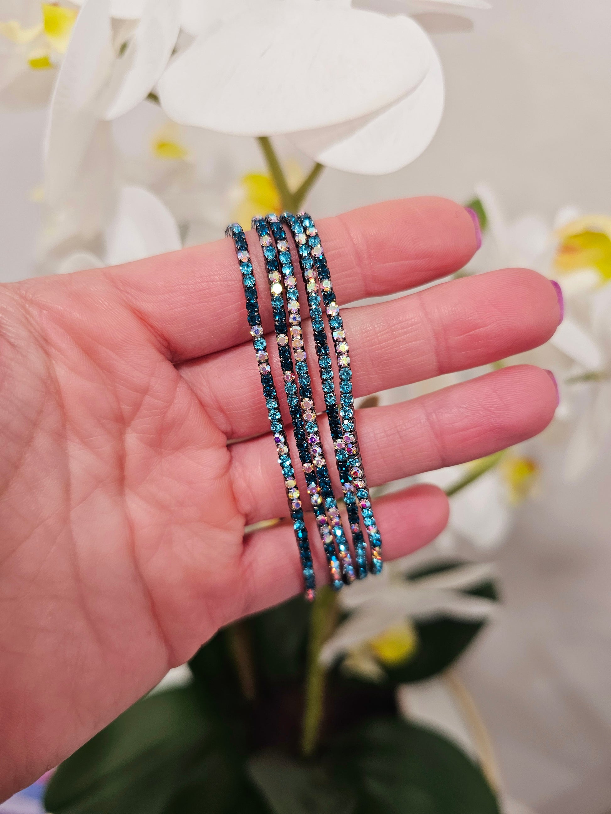 Glitz Fest - Blue Gunmetal Multi Stretchy Bracelets - 5 Piece Set - Alies Bling Bar