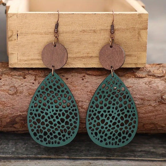 Rustic Rhythm - Green PU Leather Drop Earrings-Shop Alies Boutique