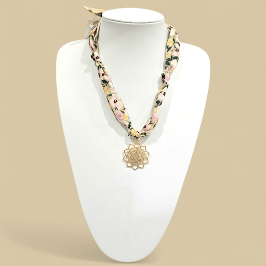 Scarf Charm Necklace II- Light Green & Yellow/Pink Flowers - Shop Alies Bouutique